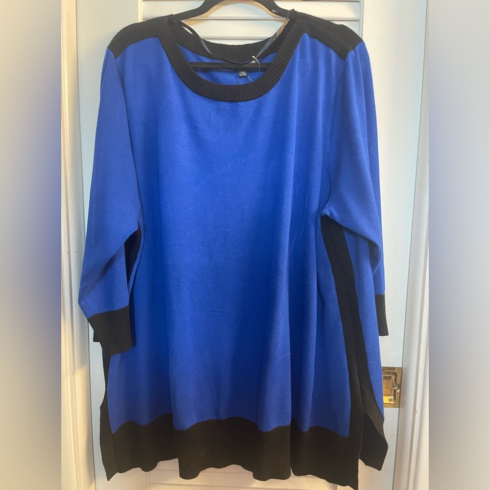 Cable & Gauge Woman Cobalt/Black Color Block 3/4 Sleeve Knit Sweater 3X NWOT